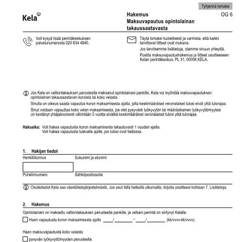 Document preview: Opintolainan maksuvapautus: Kela OG 6 hakemusopas — Hallinnolliset asiat (CERFA n°Kela OG 6)