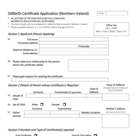 Document preview: Guide to Applying for a Stillbirth Certificate in Northern Ireland — Civil status & identity (GRO 41A)