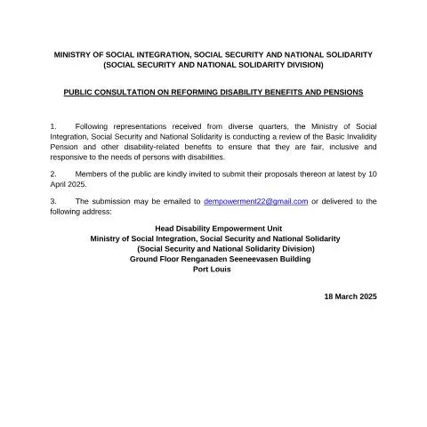 Document preview: Mauritius Announces Review of Disability Pensions and Benefits — Government & admin (COMMUNIQUE-FOR-REVIEW-OF-PENSIONS-amended)