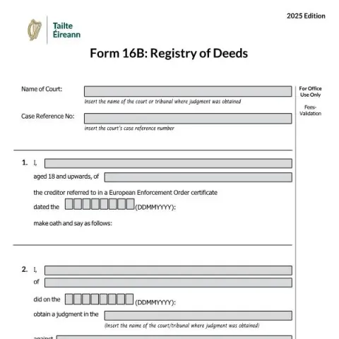 Document preview: Registry of Deeds Form 16B from Tailte Éireann — Legal & justice (Form 16B)
