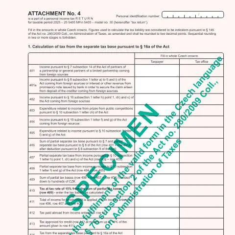 Document preview: Výpočet daně ze samostatného základu daně - Příloha č. 4 — Daně a fiskální záležitosti (CERFA n°25 5405/P4a)
