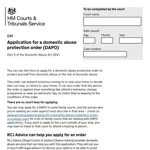 Document preview: How to Complete Form DA1 for Domestic Abuse Protection Orders — Family