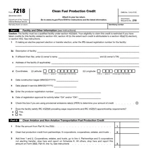 Document preview: Understanding IRS Form 7218 for Clean Fuel Production Credits — Taxes (CERFA n°7218)
