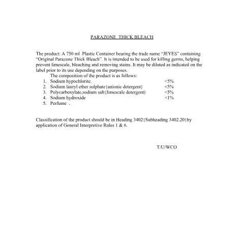 Document preview: Understanding the Classification of Parazone Thick Bleach — Government & admin (parazone)