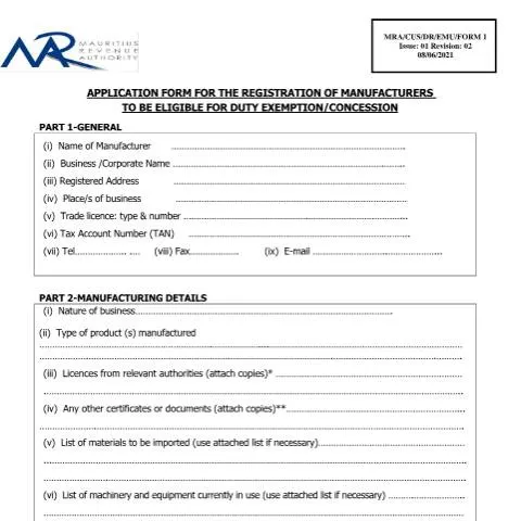 Document preview: Essential Guide to the Manufacturers' Duty Exemption Application — Government & admin (AppforRegofmanufacturers090615)
