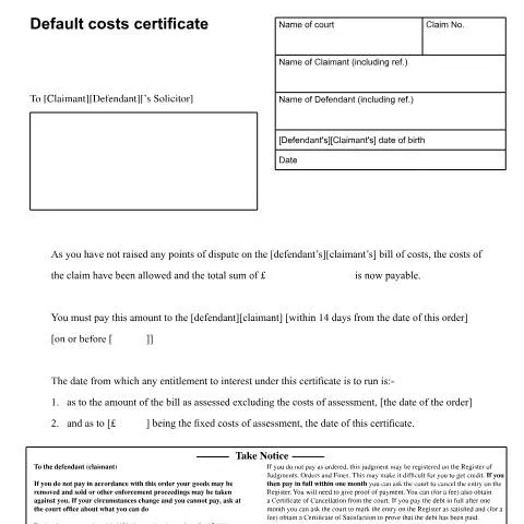Document preview: Understanding Default Costs Certificate Process with Form N255 — Legal & justice