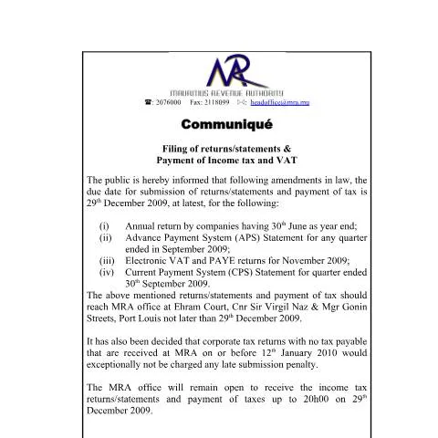 Document preview: Understanding the Importance of Filing Returns in Mauritius — Taxes (CERFA n°CommuniqueAnnualReturn141209)