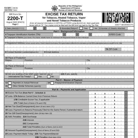 Document preview: Understanding BIR Form No. 2200-T for Tobacco Products — Taxes (CERFA n°2200-T)