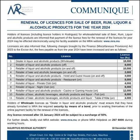 Document preview: Mauritius 2024 Alcohol Sale Licence Renewals — Government & admin (Communique181223)