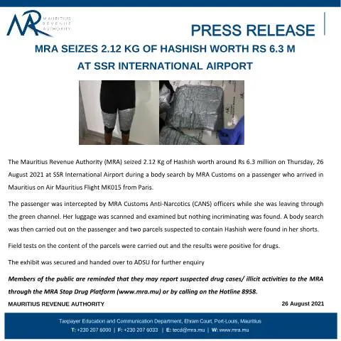 Document preview: Major Drug Seizure at SSR International Airport — Government & admin (PressRelease260821)