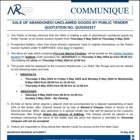 Document preview: Mauritius Public Tender for Unclaimed Goods Sale — Government & admin (CommuniqueQuo202417)
