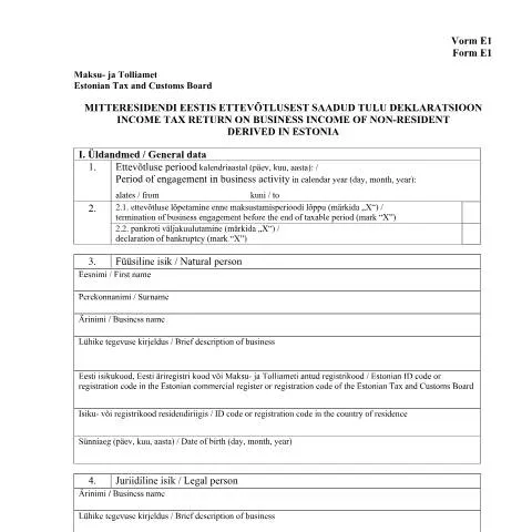 Document preview: Vorm E1: Äritulu Deklaratsioon Mitteelanikelt — Maksud ja maksustamine (CERFA n°VORM E1)