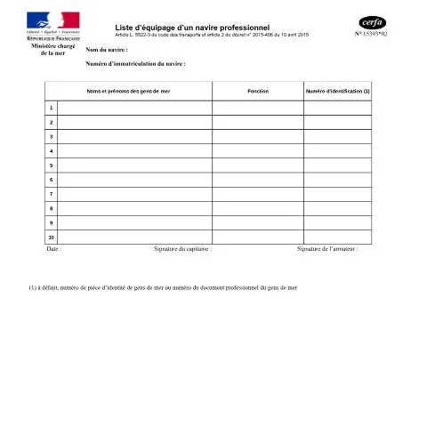 Aperçu du document Formulaire 15393*02 : établir la liste d'équipage de votre navire — Démarches administratives (CERFA n°15393*02)