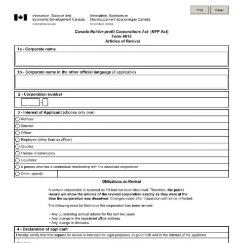 Document preview: Restoring Your Not-for-Profit Corporation with Articles of Revival — Government & admin (Form 4015)