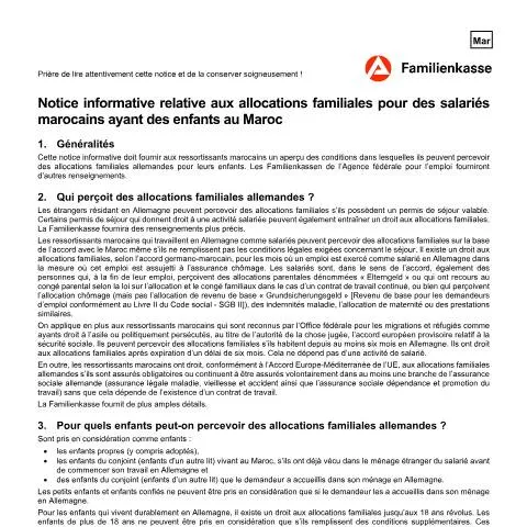 Dokumentvorschau: Wichtige Informationen zum Kindergeld für marokkanische — Familie (CERFA n°kg52-mar-merkblattkindergeld_ba031085)