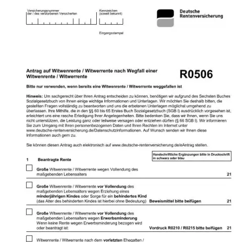 Dokumentvorschau: Witwen- und Witwerrentenantrag bei Rentenwegfall — Rente & Pension (R0506)