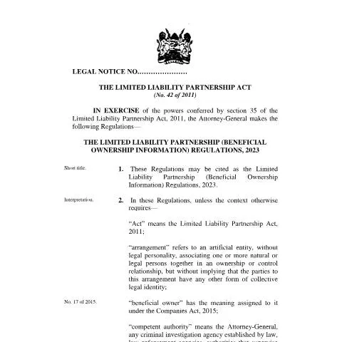 Document preview: Kenya Implements New LLP Beneficial Ownership Regulations to Enhance — Legal & justice (CERFA n°FINAL-18.10.23-LIMITED-LIABILITY-PARTNERSHIP-BENEFICIAL-OWNERSHIP-INFORMATION-REGULATIONS-2023)