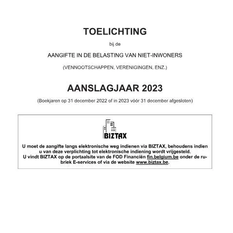 Aperçu du document Guide sur le formulaire 121-aangifte-bni-ven pour 2023 — Impôts & fiscalité (CERFA n°121-aangifte-bni-ven-toelichting-2023)