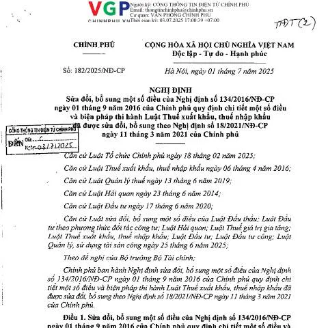 Document preview: Nghị định 182/2025/NĐ-CP: Thay đổi quan trọng trong quản lý thuế — Thủ tục hành chính (CERFA n°182/2025/NĐ-CP)