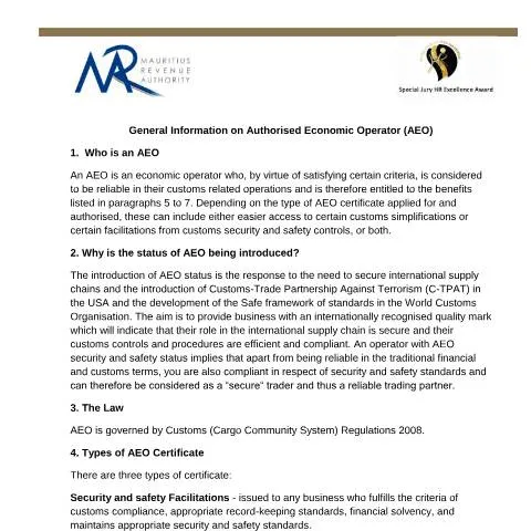 Document preview: Understanding the Benefits of Authorised Economic Operator Status — Government & admin (AEOGeneralInfo)