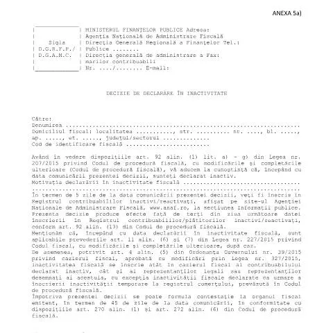 Document preview: Importanța Deciziei de declarare în inactivitate — Impozite & fiscalitate (CERFA n°A5a_3846_2015)