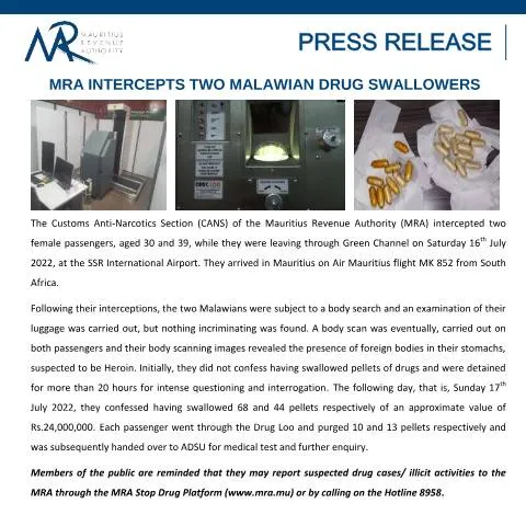 Document preview: Mauritius intercepts two Malawian drug couriers at SSR Airport — Government & admin (PressReleaseMalawi180722)