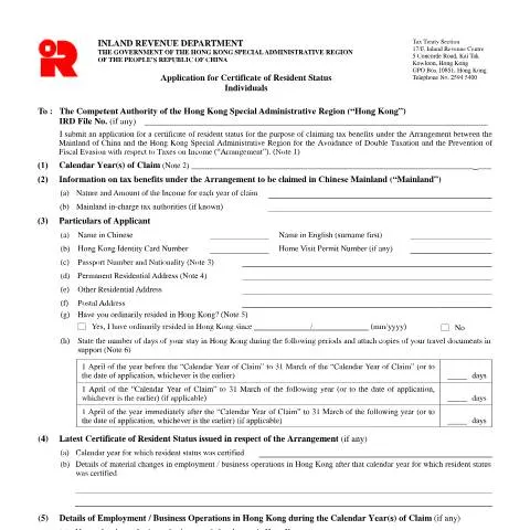Document preview: Understanding the Application Process for Resident Status in Hong Kong — Taxes (CERFA n°IR 1314A)