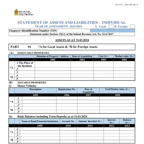 Document preview: Understanding the Statement of Assets and Liabilities in Sri Lanka — Taxes (CERFA n°Asmt_IIT_003_2023)
