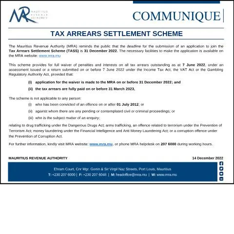 Document preview: Mauritius Tax Arrears Settlement Scheme Overview — Taxes (CERFA n°CommuniqueTASSReminder141222)