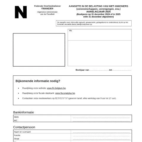 Aperçu du document Guide sur la déclaration fiscale des sociétés non résidentes en — Impôts & fiscalité (CERFA n°121-aangifte-bni-ven-2025)