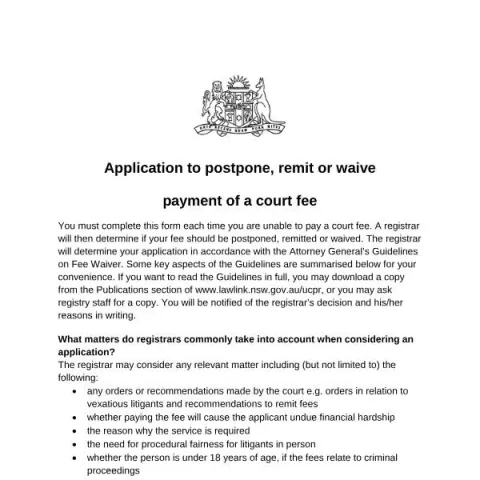 Document preview: Applying to Postpone, Remit, or Waive Court Fees in NSW — Legal & justice