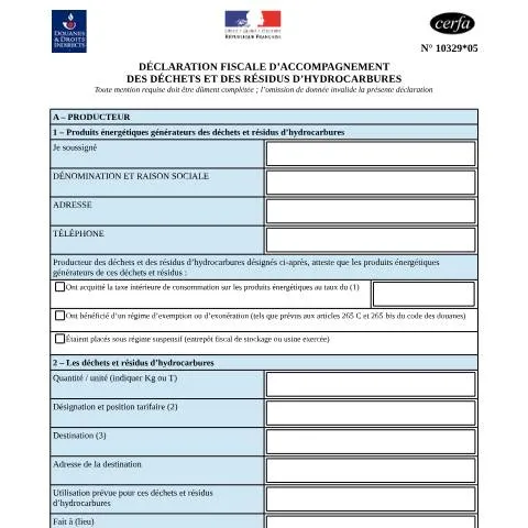 Aperçu du document Déclaration fiscale des déchets d'hydrocarbures : guide complet — Impôts & fiscalité (CERFA n°10329*05)