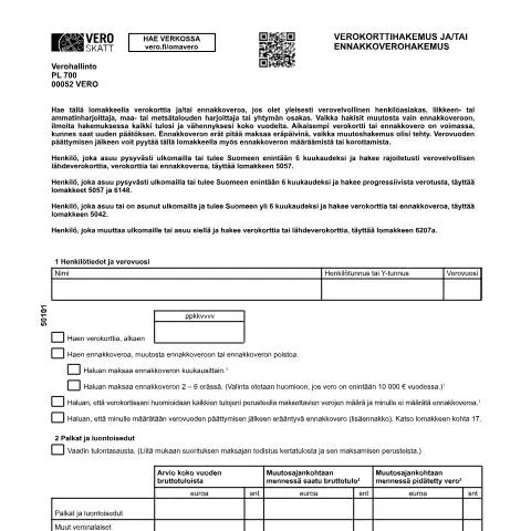 Document preview: Verokorttihakemus ja ennakkoverohakemus (5010) - Tärkeä asiakirja — Verot & verotus (CERFA n°Vero 5010)