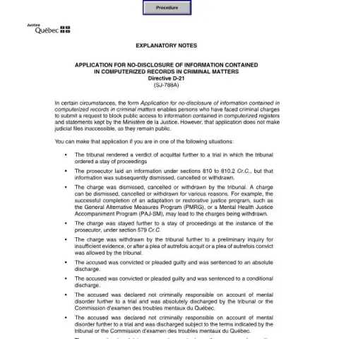 Document preview: Guide to Applying for No-Disclosure of Computerized Criminal Records — Legal & justice (SJ-788A)