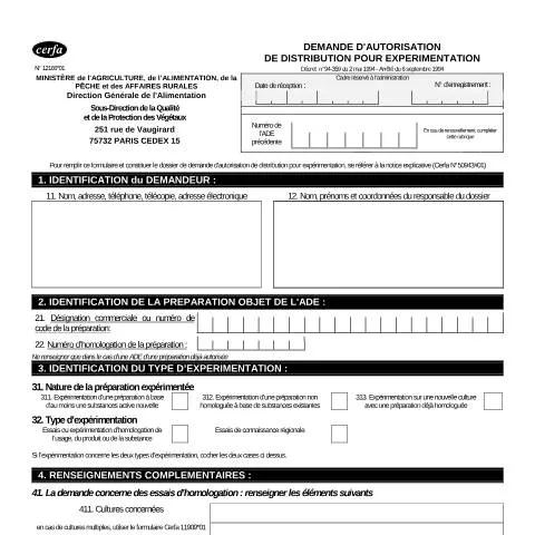 Aperçu du document Demande d'autorisation de distribution pour expérimentation — Démarches administratives (CERFA n°12166*01)