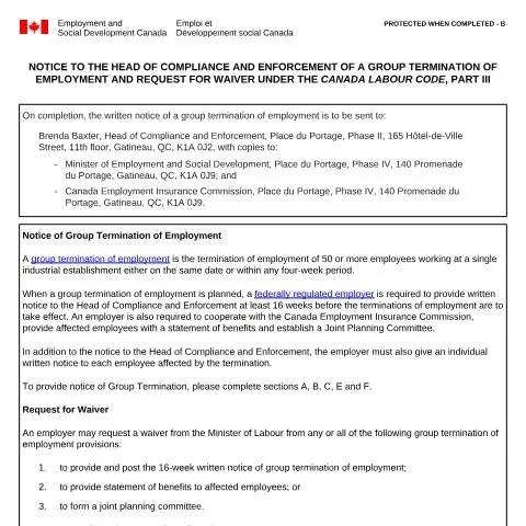 Document preview: Understanding Group Termination Notifications in Canada — Work & employment (CERFA n°ESDC-LAB1197)