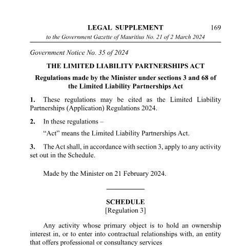 Document preview: Understanding the LLP Application Regulations 2024 in Mauritius — Government & admin (35_The-Limited-Liability-Partnerships-Application-Reg-2024)