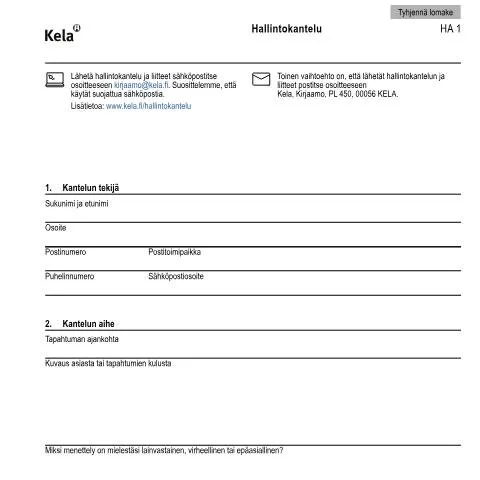Document preview: Miksi tehdä hallintokantelu Kelaan? — Hallinnolliset asiat (CERFA n°Kela HA 1)