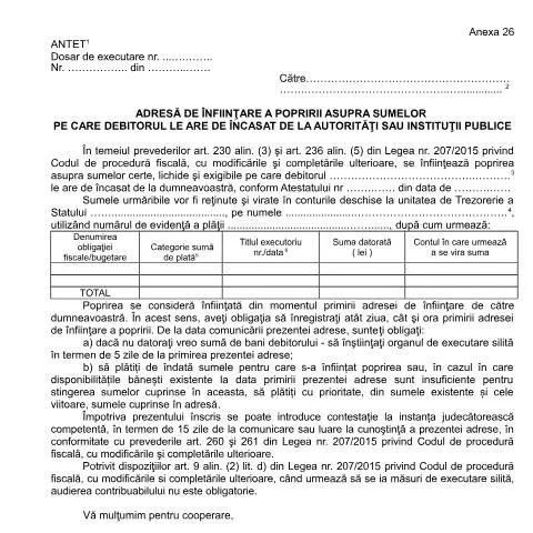 Document preview: Rolul esențial al adresei de înființare a popririi A26_OPANAF_63_2017 — Impozite & fiscalitate (CERFA n°A26_OPANAF_63_2017)