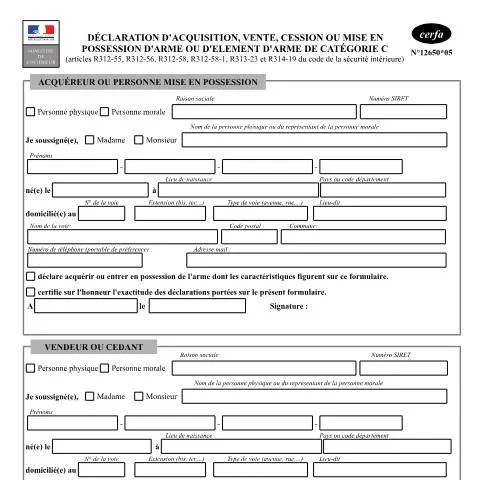 Aperçu du document Formulaire 12650*05 : obligations déclaratives pour armes de chasse et — Démarches administratives (CERFA n°12650*05)