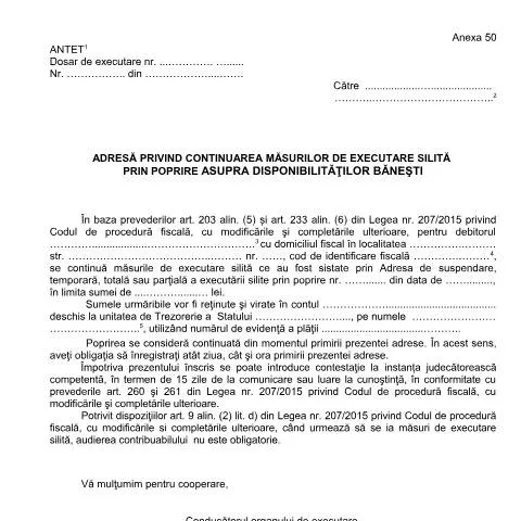 Document preview: Continuarea măsurilor de executare silită: A50_OPANAF_63_2017 — Impozite & fiscalitate (CERFA n°A50_OPANAF_63_2017)