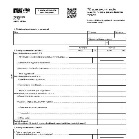 Document preview: Miksi 7C Elinkeinoyhtymän maatalouden tulolähteen tiedot ovat — Verot & verotus (CERFA n°Vero 3076)