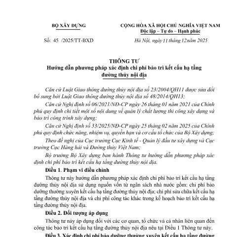Document preview: Thông tư 45/2025/TT-BXD: Chi phí bảo trì hạ tầng đường thủy — Thủ tục hành chính (CERFA n°45/2025/TT-BXD)
