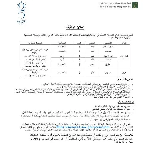 Document preview: وظائف شاغرة في المؤسسة العامة للضمان الاجتماعي — العمل والتوظيف (CERFA n°اعلان توظيف)
