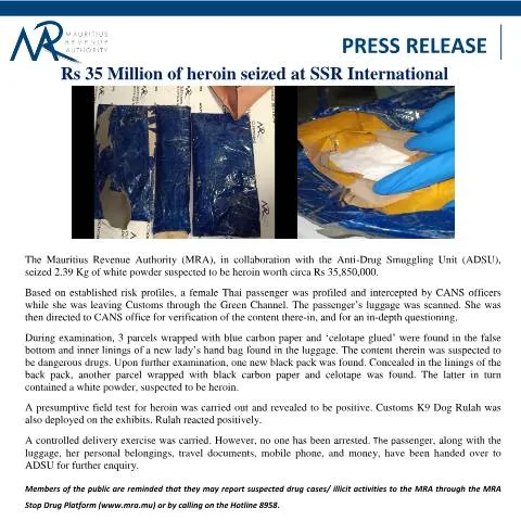 Document preview: Significant Heroin Seizure at SSR International Airport — Government & admin (DrugSeizure260224)