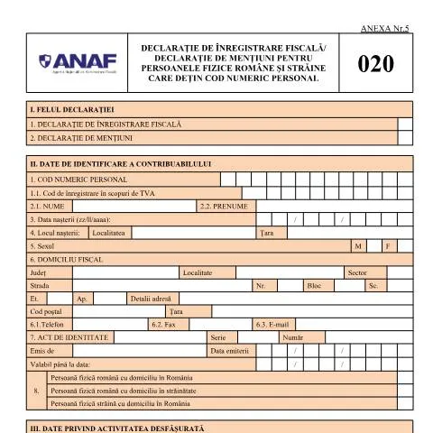 Document preview: Importanța declarației de înregistrare fiscală în România — Impozite & fiscalitate (CERFA n°D_020_OPANAF_15_2026)
