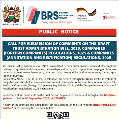 Document preview: Kenya Announces Draft Trust Administration Bill and Regulations 2025 — Legal & justice (CERFA n°PUBLIC-NOTICE_TRUST-ADMINISTRATION-BILL-REGULATIONS-2025)