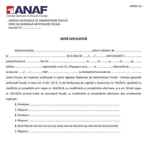 Document preview: Importanța Notei explicative în controlul fiscal ANAF — Formalități administrative (CERFA n°A5a_OPANAF_3838_2015)