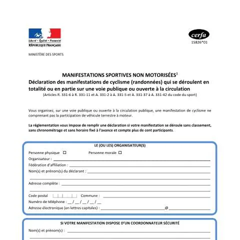 Aperçu du document Comment déclarer un événement cycliste sur voie publique en France — Démarches administratives (CERFA n°15826*01)