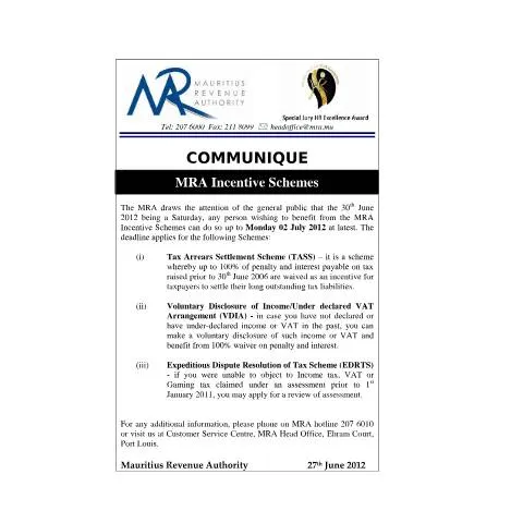 Document preview: Extended Deadline for Mauritius Revenue Authority Incentive Schemes — Taxes (CERFA n°CommuniqueMRAincentiveScheme2012)